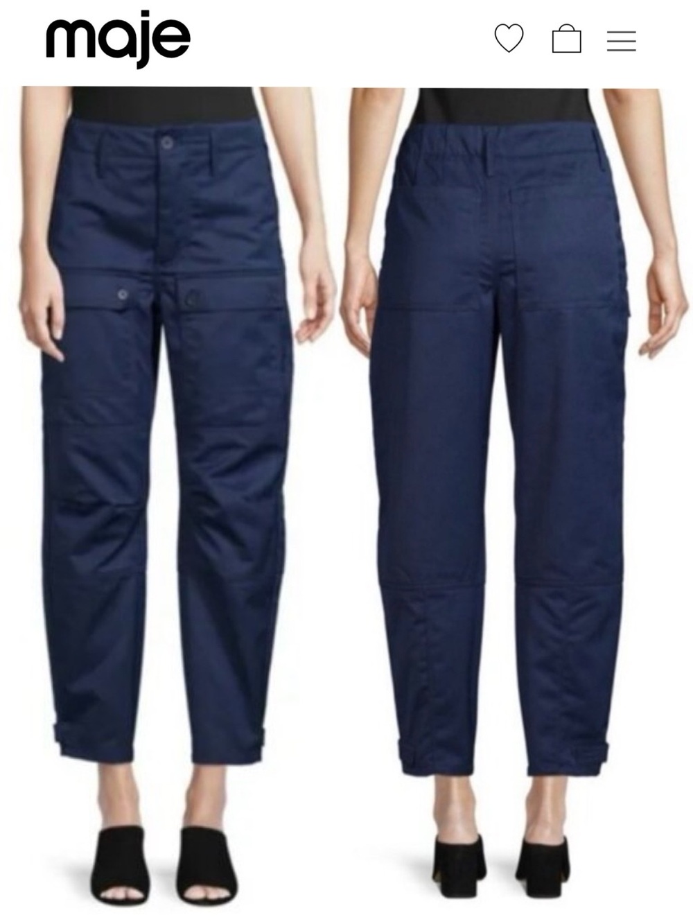 Maje Phibi Navy Utility Cargo Pants Velcro Ankle Barrel Leg FR 36 US 4